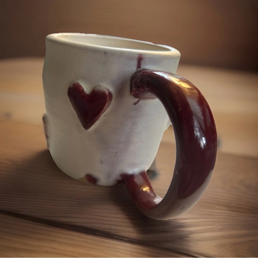 Handcrafted White Ceramic Mug with 3D  Red Hearts Accent